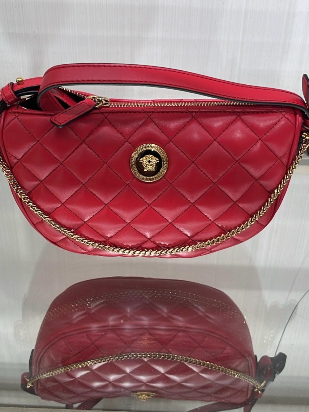 New! Versace Red Quilted Crossbody Bag with Gold Medallion